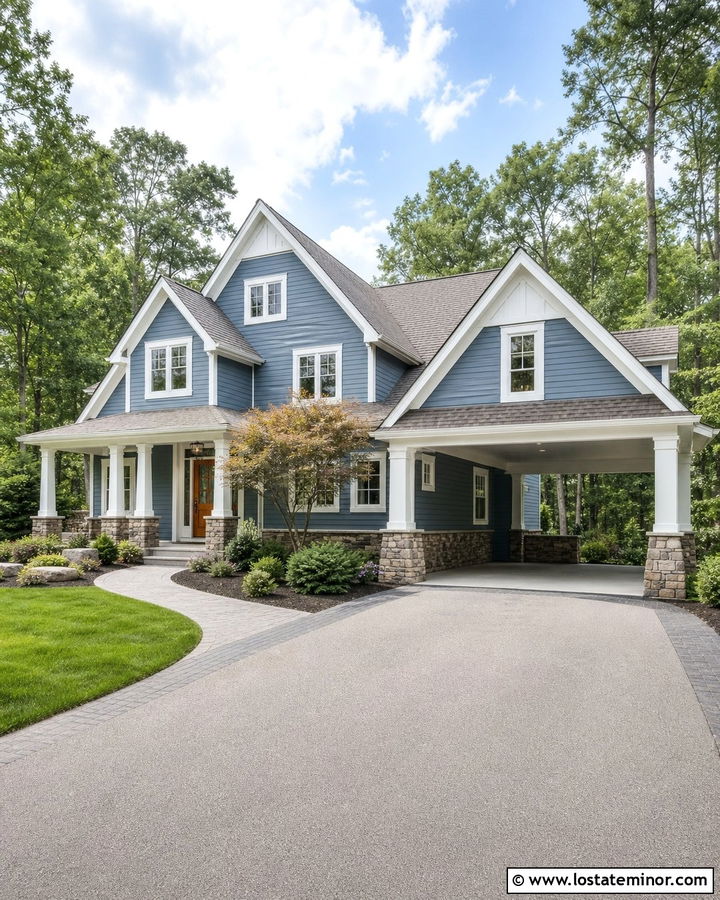 Slate Blue House With Stone Carport Columns - 30 Slate Blue House Design With Carport Ideas