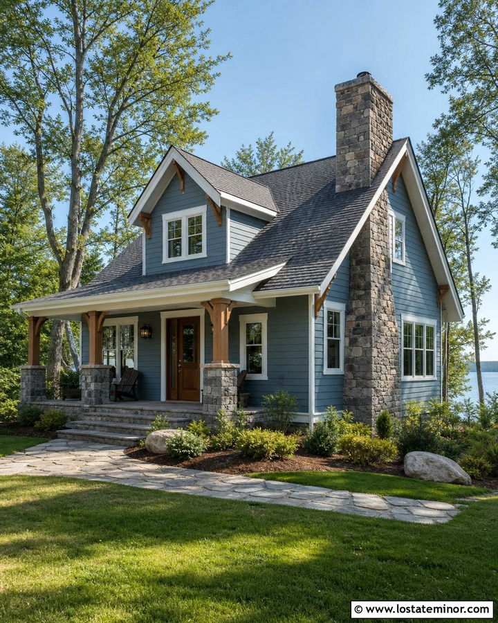 Slate Blue House With Stone Chimney - 30 Slate Blue House Design With Stone Accents Ideas