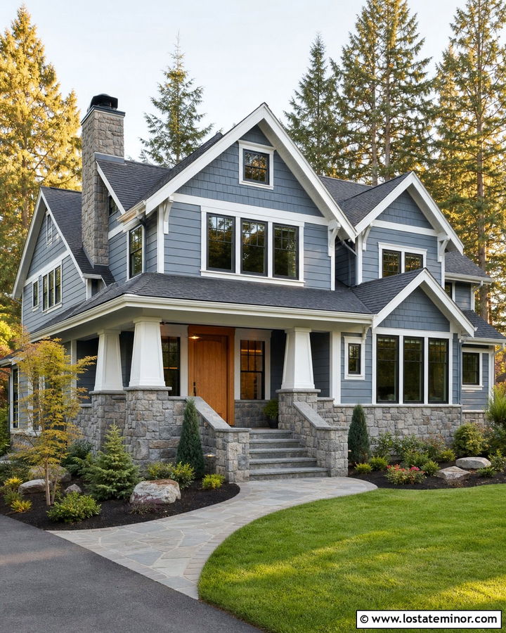 Slate Blue House With Stone Front Porch - 30 Slate Blue House Design With Front Porch Ideas