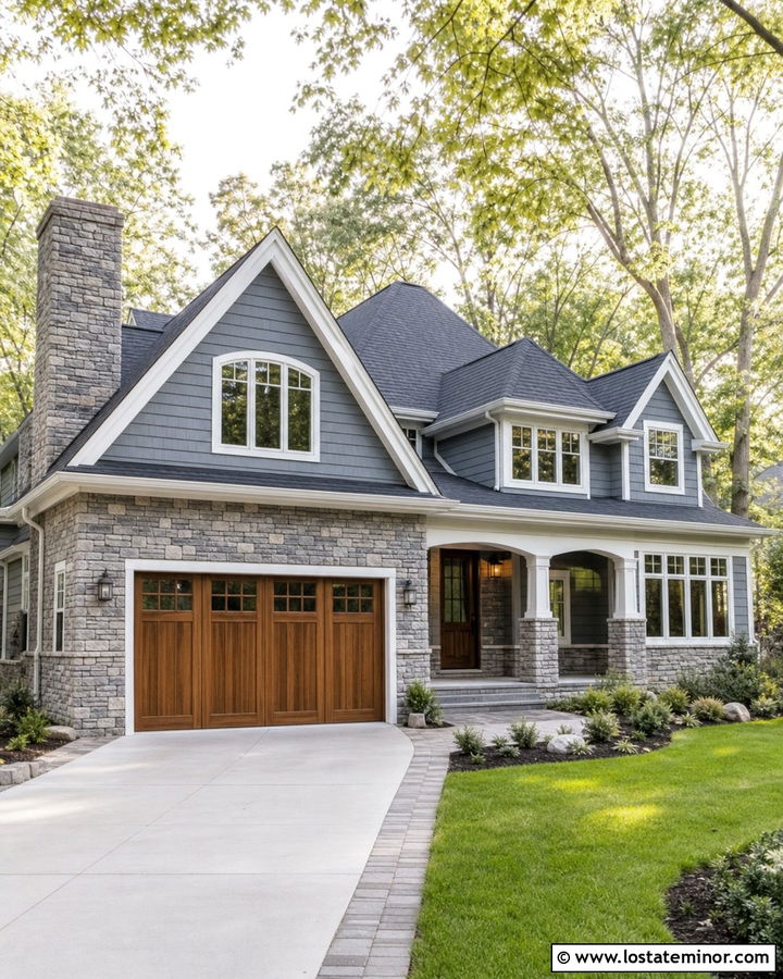 Slate Blue House With Stone Garage Facade - 30 Slate Blue House Design With Stone Accents Ideas