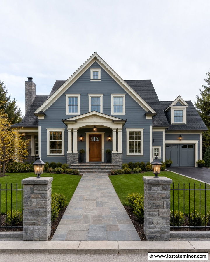 Slate Blue House With Stone Pillar Fence - 30 Slate Blue House Design With Fence Ideas