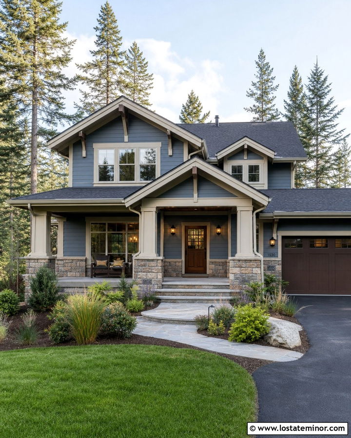 Slate Blue House With Stone Porch And Bronze Sconces - 30 Slate Blue House Design With Lighting Ideas