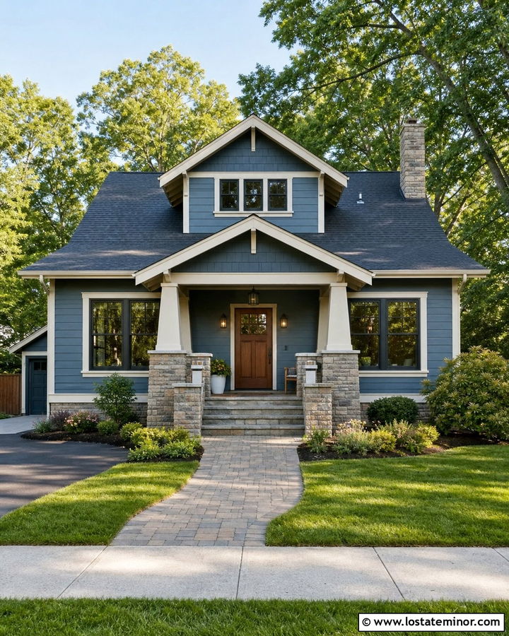Slate Blue House With Stone Porch And Charcoal Shingles - 30 Slate Blue House Design With Shingles Ideas