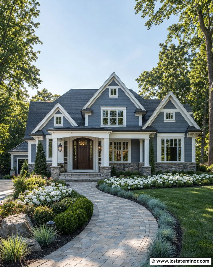 Slate Blue House With Stone Porch And Paver Walkway - 30 Slate Blue House Design With Walkway Ideas