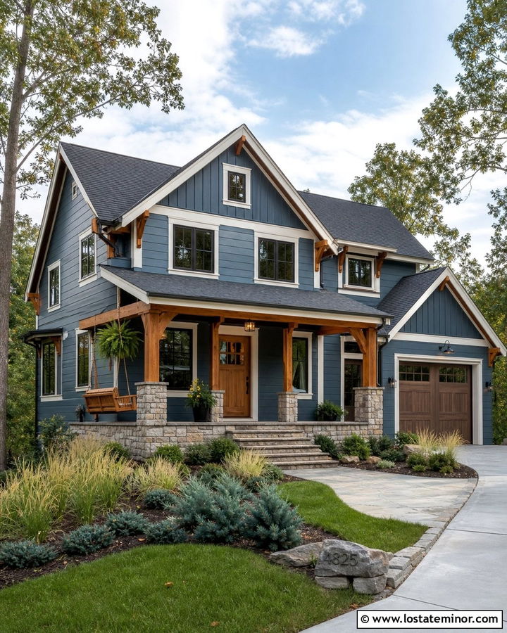 Slate Blue House With Stone Porch And Swing - 30 Slate Blue House Design With Swing Ideas