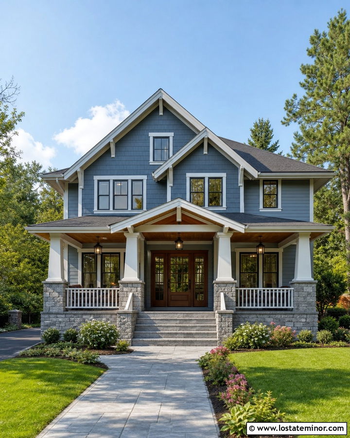 Slate Blue House With Stone Porch - 30 Slate Blue House Design With Stone Accents Ideas