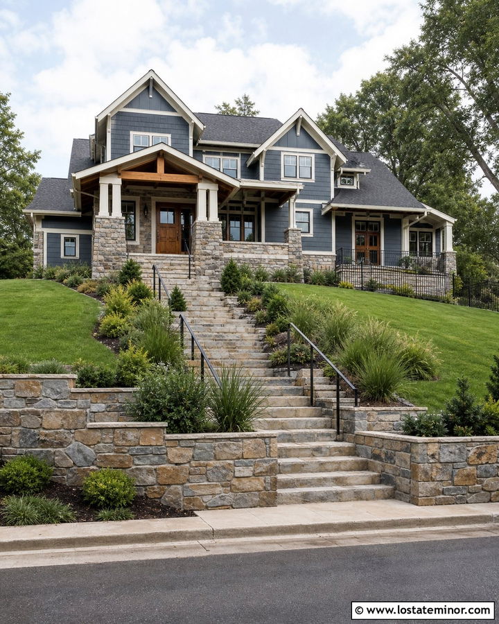 Slate Blue House With Stone Retaining Wall - 30 Slate Blue House Design With Stone Accents Ideas