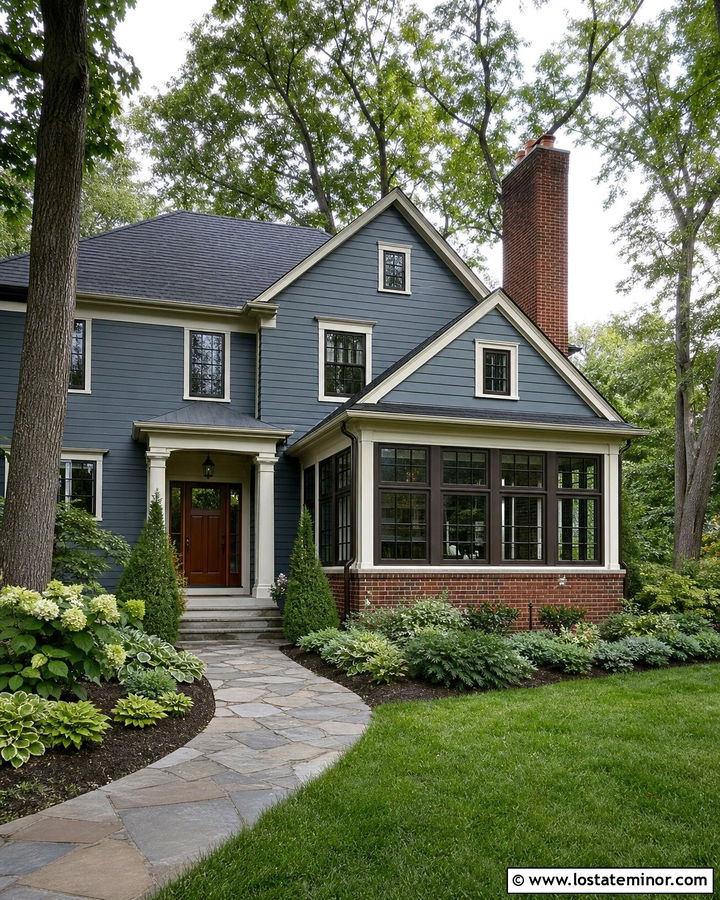 Slate Blue House With Sunroom And Brick Chimney - 30 Slate Blue House Design With Sunroom Ideas