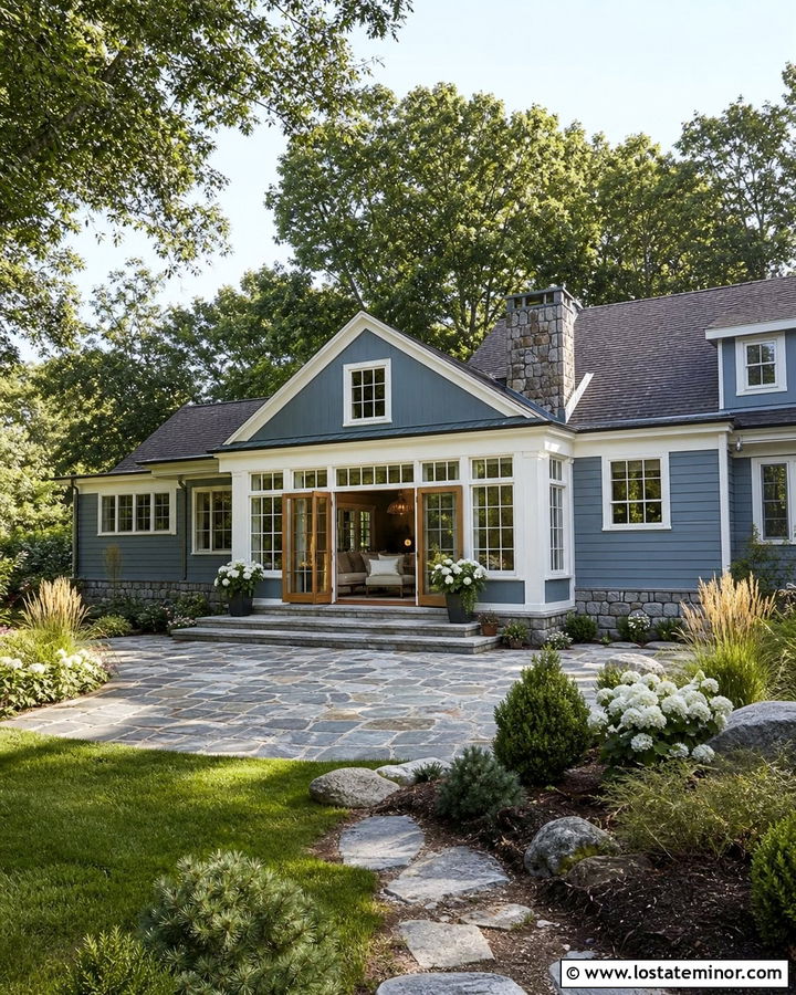 Slate Blue House With Sunroom And Stone Patio - 30 Slate Blue House Design With Sunroom Ideas