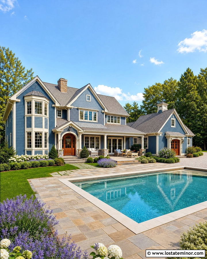 Slate Blue House With Tan Paver Pool Deck - 30 Slate Blue House Design With Swimming Pool Ideas