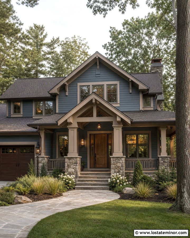 Slate Blue House With Taupe Portico Trim - 30 Slate Blue House Design With Portico Ideas