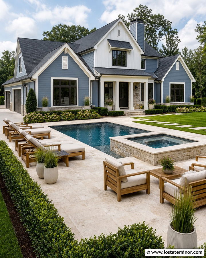 Slate Blue House With Travertine Pool Deck - 30 Slate Blue House Design With Swimming Pool Ideas