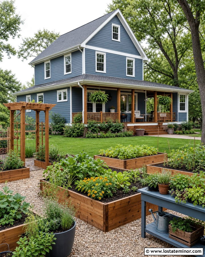 Slate Blue House With Vegetable Garden Backyard - 30 Slate Blue House Design With Backyard Ideas