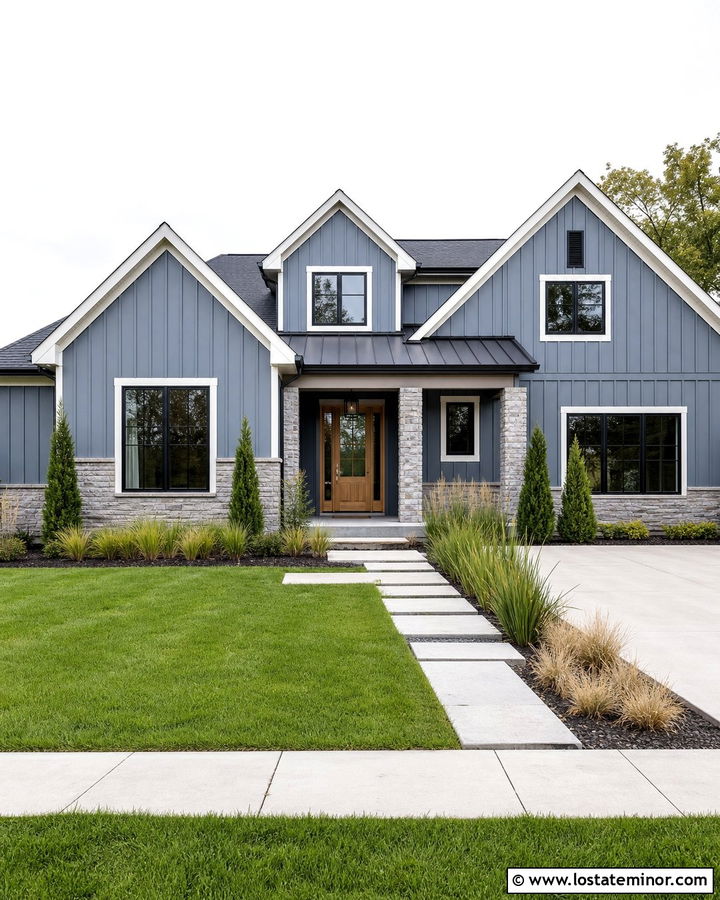 Slate Blue House With Vertical Stone Wainscoting - 30 Slate Blue House Design With Wainscoting Ideas