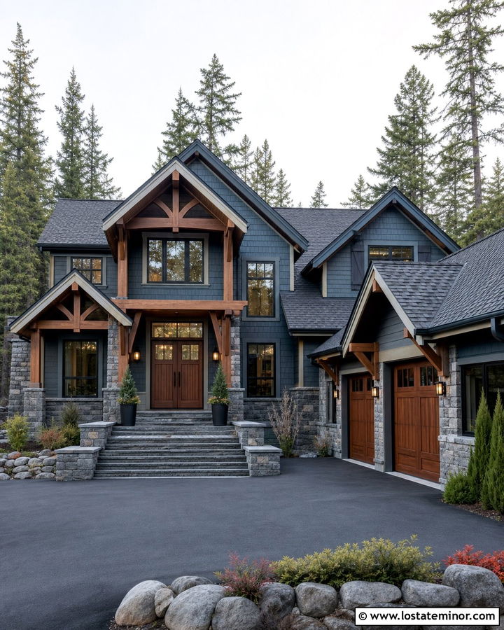 Slate Blue House With Walnut Double Doors - 30 Slate Blue House Design With Entry Door Ideas
