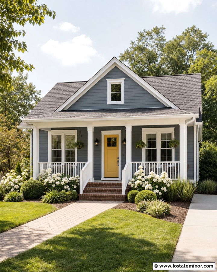 Slate Blue House With Warm White Trim And Yellow Door - 30 Slate Blue House Design With Trim Ideas
