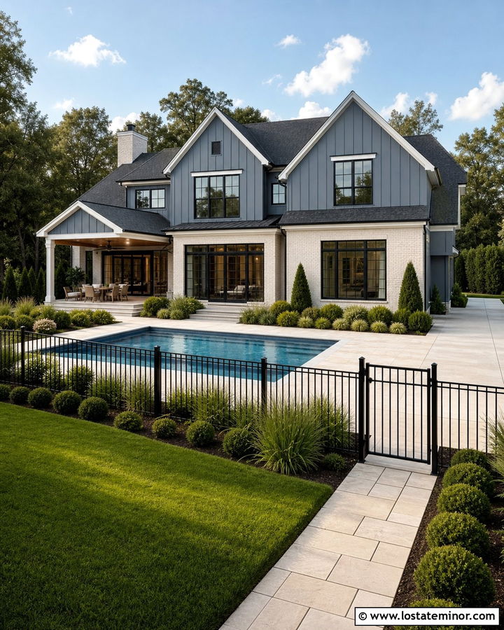 Slate Blue House With White Brick And Pool - 30 Slate Blue House Design With Swimming Pool Ideas