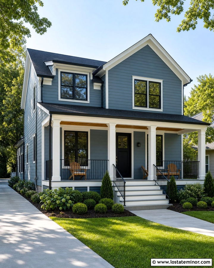Slate Blue House With White Columns And Black Railings - 30 Slate Blue House Design With Front Porch Ideas