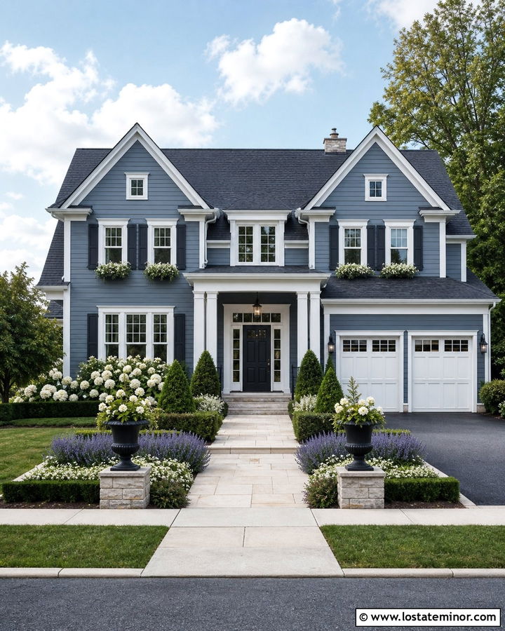 Slate Blue House With White Flower Beds - 30 Slate Blue House Design With Landscaping Ideas