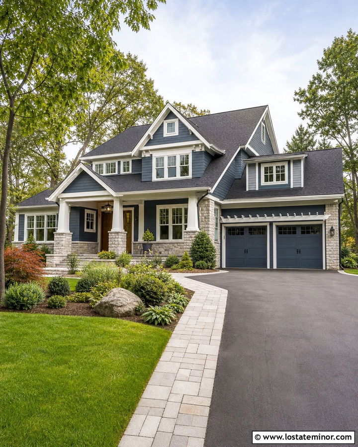 Slate Blue House With White Frames And Stone Siding - 30 Slate Blue House Design With Window Frames Ideas