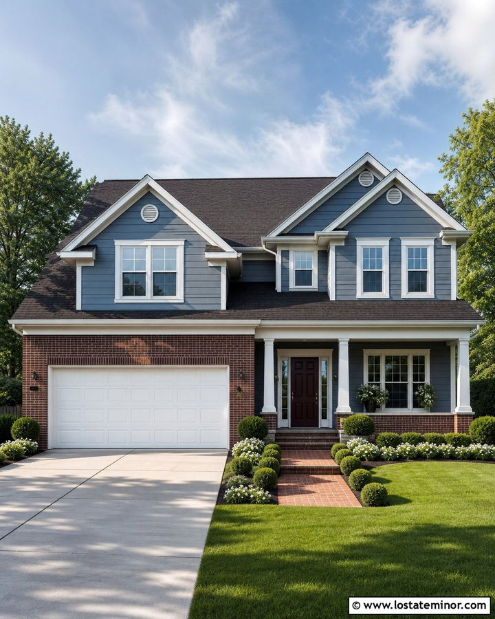 Slate Blue House With White Garage Door And Red Brick - 30 Slate Blue House Design With Garage Door Ideas