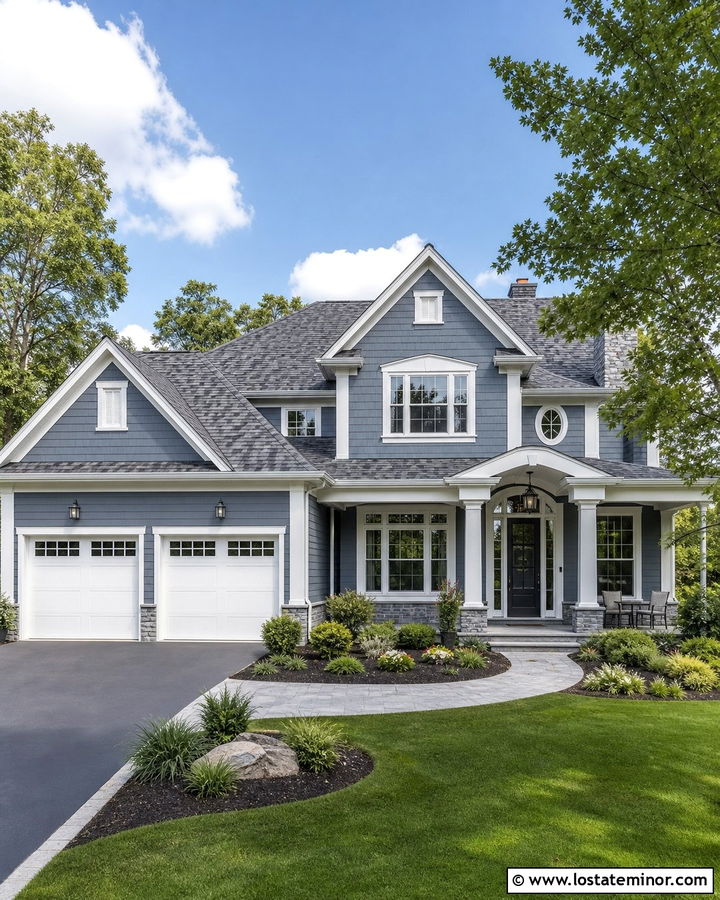 Slate Blue House With White Garage Doors And Slate Shingles - 30 Slate Blue House Design With Shingles Ideas