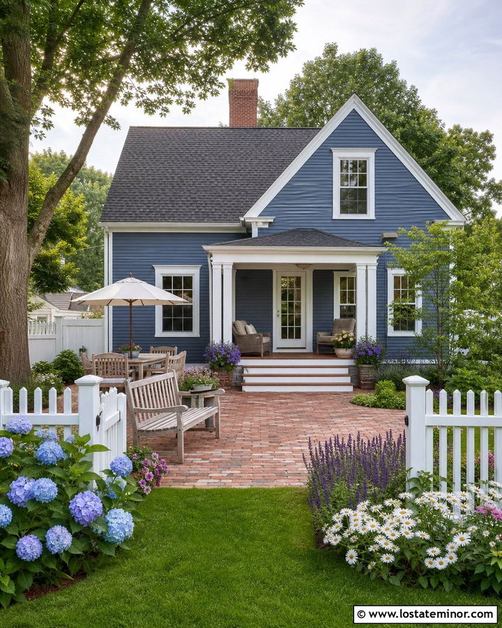 Slate Blue House With White Picket Fence Backyard - 30 Slate Blue House Design With Backyard Ideas