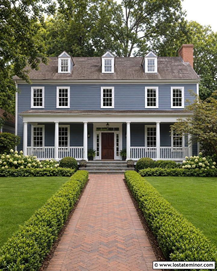 Slate Blue House With White Porch Railings - 30 Slate Blue House Design With Railings Ideas