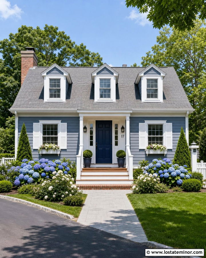 Slate Blue House With White Shutters And Blue Door - 30 Slate Blue House Design With Accents Ideas