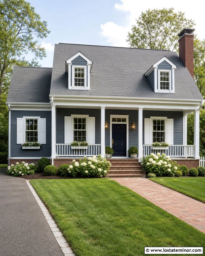 Slate Blue House With White Shutters And Navy Door - 30 Slate Blue House Design With Trim Ideas