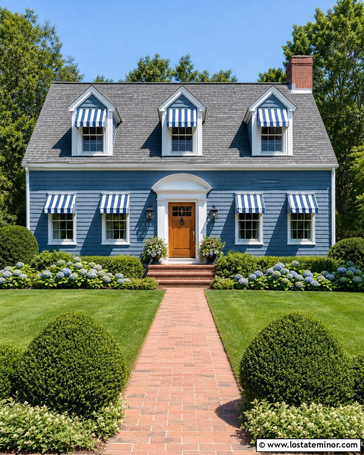 Slate Blue House With White Striped Awnings - 30 Slate Blue House Design With Awning Ideas