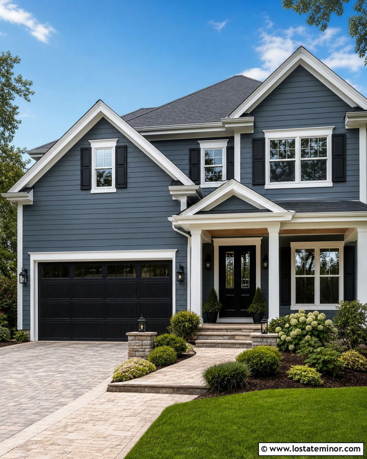 Slate Blue House With White Trim And Black Garage Door - 30 Slate Blue House Design With Trim Ideas