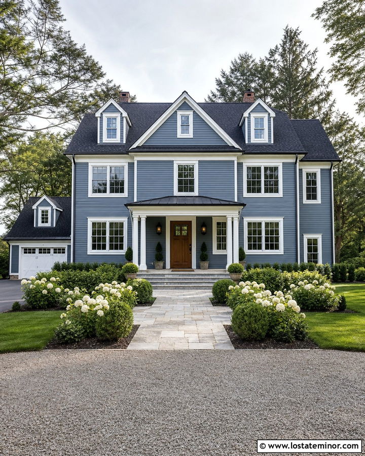 Slate Blue House With White Trim And Black Lanterns - 30 Slate Blue House Design With Lighting Ideas