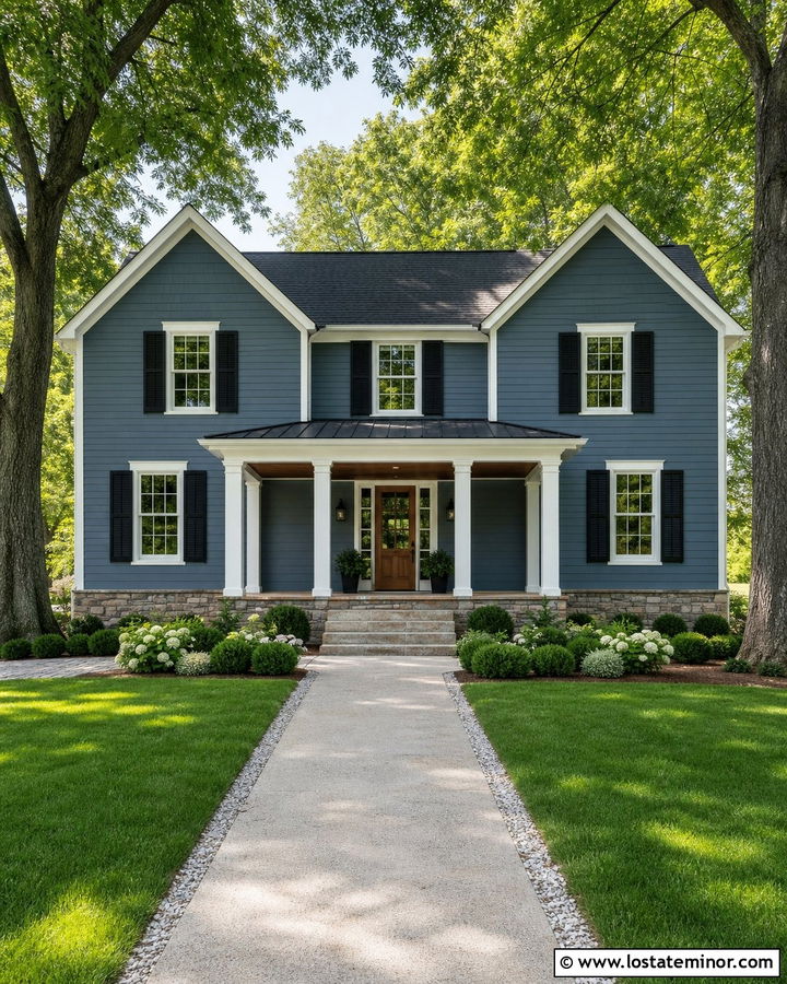 Slate Blue House With White Trim And Black Shutters - 30 Slate Blue House Design With Shutters Ideas