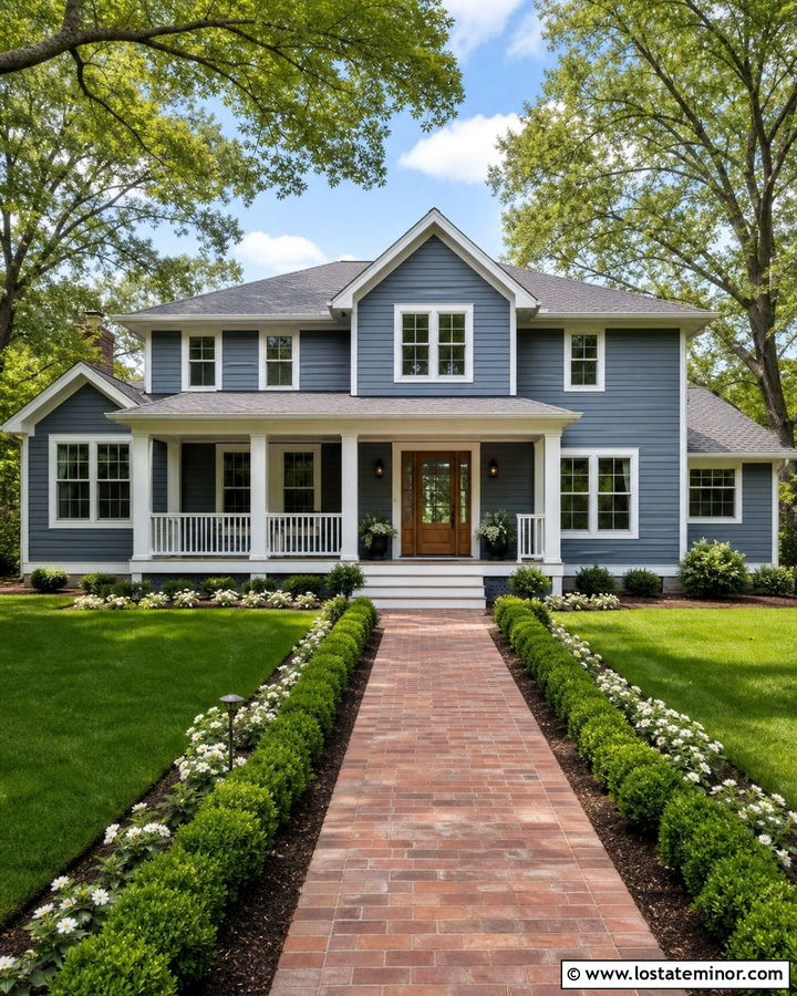 Slate Blue House With White Trim And Brick Walkway - 30 Slate Blue House Design With Walkway Ideas