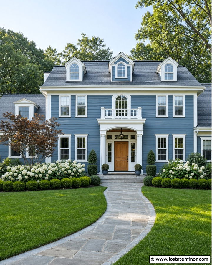 Slate Blue House With White Trim And Hydrangea Front Yard - 30 Slate Blue House Design With Front Yard Ideas