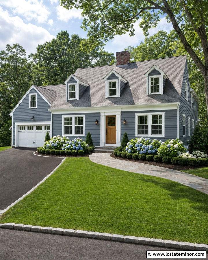 Slate Blue House With White Trim And Hydrangeas - 30 Slate Blue House Design With Landscaping Ideas