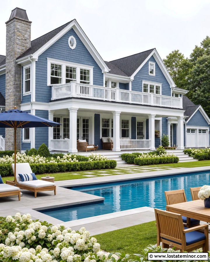 Slate Blue House With White Trim And Pool - 30 Slate Blue House Design With Swimming Pool Ideas