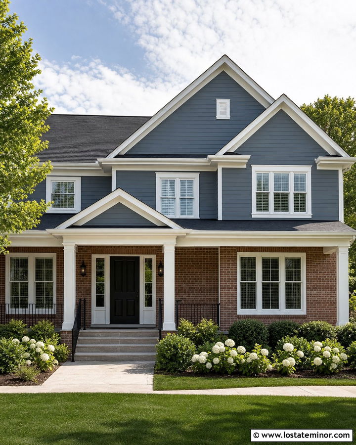 Slate Blue House With White Trim And Red Brick - 30 Slate Blue House Design With Trim Ideas