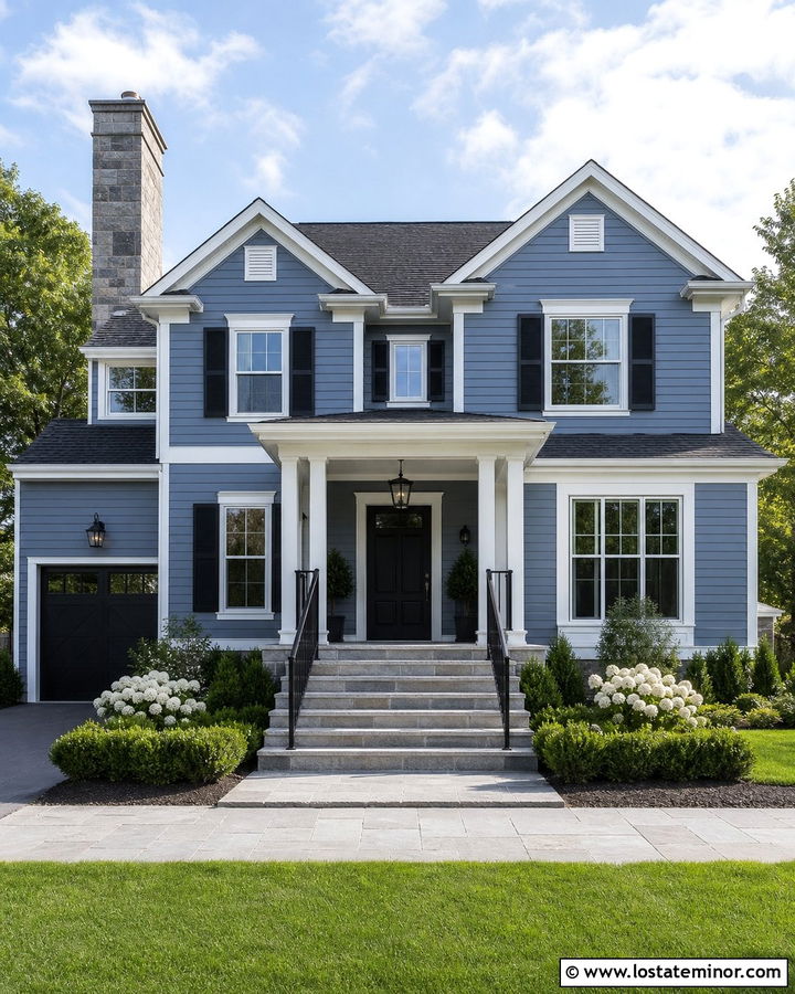 Slate Blue House With White Trim And Stone Steps - 30 Slate Blue House Design With Steps Ideas