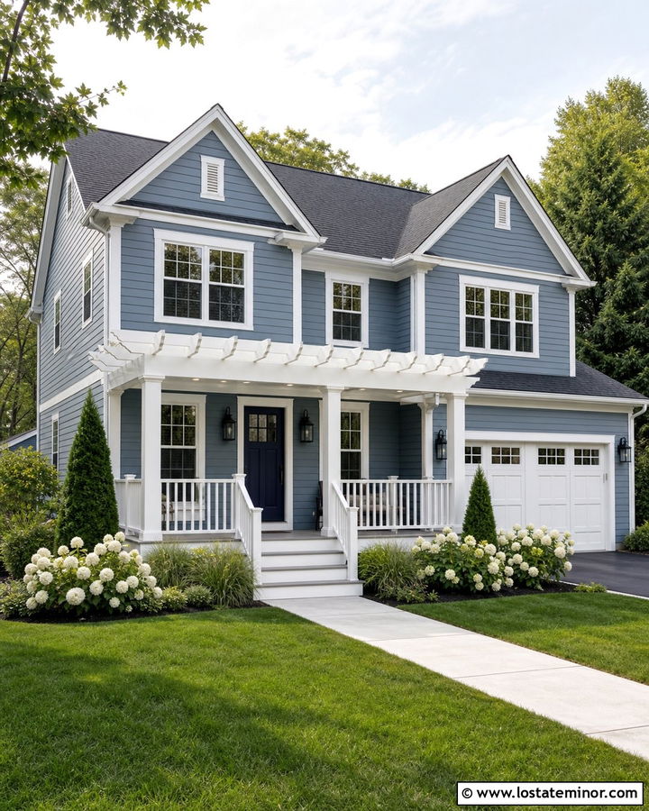 Slate Blue House With White Vinyl Pergola - 30 Slate Blue House Design With Pergola Ideas