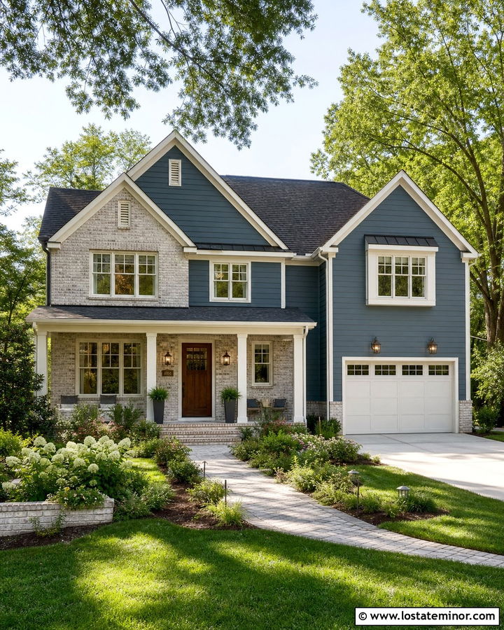 Slate Blue House With Whitewashed Brick Gables - 30 Slate Blue House Design With Gables Ideas
