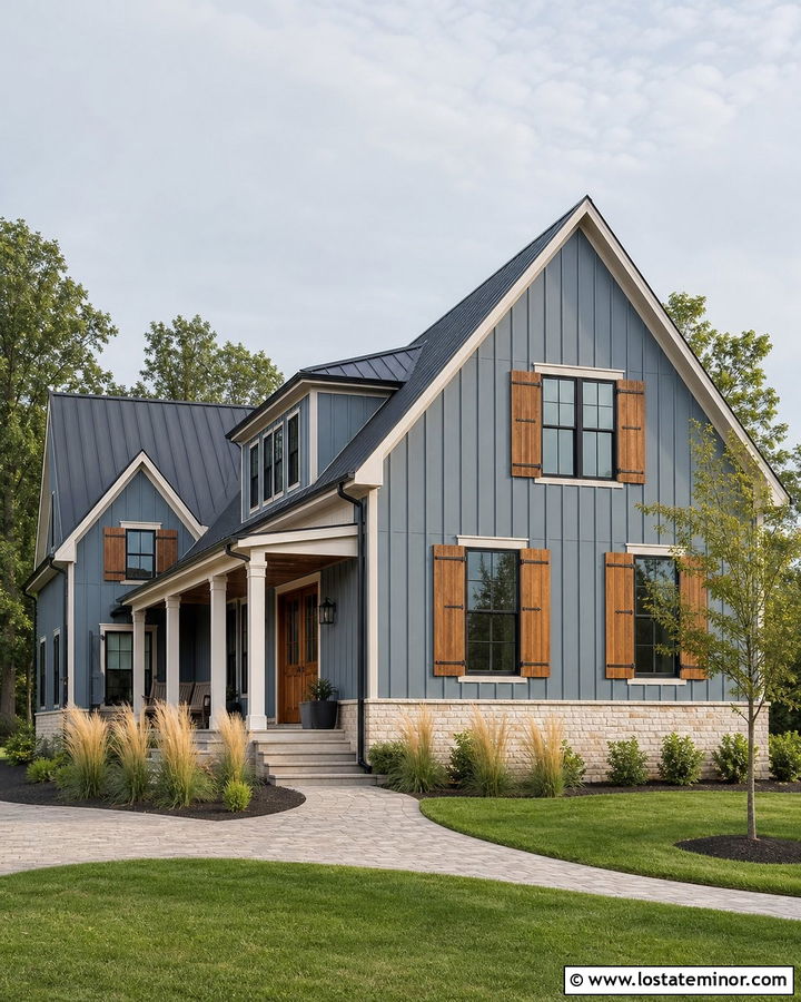 Slate Blue House With Wood Board And Batten Shutters - 30 Slate Blue House Design With Shutters Ideas