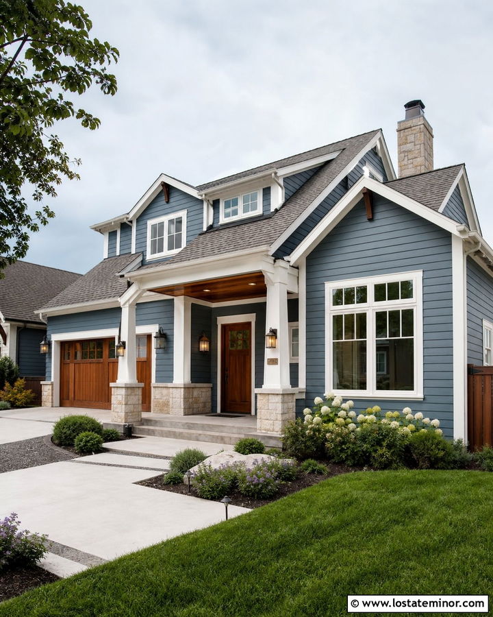 Slate Blue House With Wood Door And Brass Sconces - 30 Slate Blue House Design With Lighting Ideas