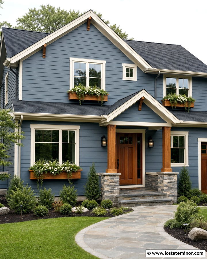 Slate Blue House With Wood Door And Cedar Window Boxes - 30 Slate Blue House Design With Window Boxes Ideas