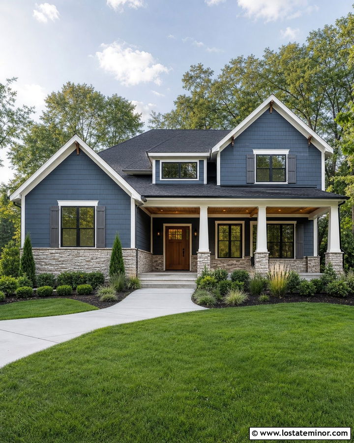 Slate Blue House With Wood Door And Gray Shutters - 30 Slate Blue House Design With Shutters Ideas