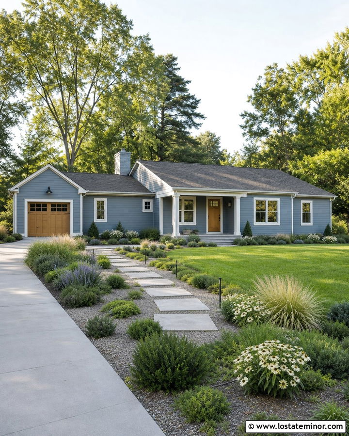 Slate Blue House With Wood Door And Stepping Stones - 30 Slate Blue House Design With Walkway Ideas