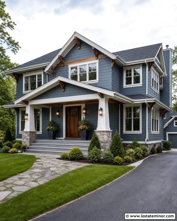Slate Blue House With Wood Door And White Columns - 30 Slate Blue House Design With Porch Columns Ideas