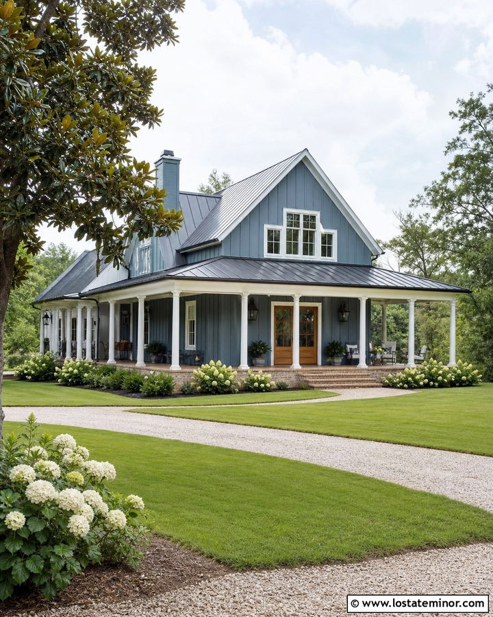 Slate Blue House With Wraparound Awning Roof - 30 Slate Blue House Design With Awning Ideas