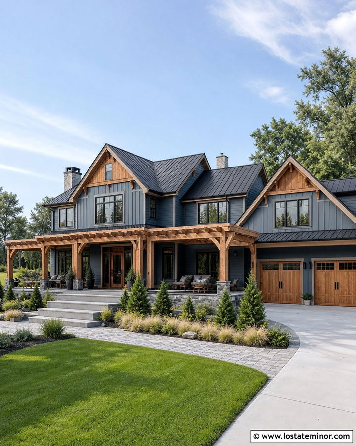 Slate Blue House With Wraparound Pergola - 30 Slate Blue House Design With Pergola Ideas